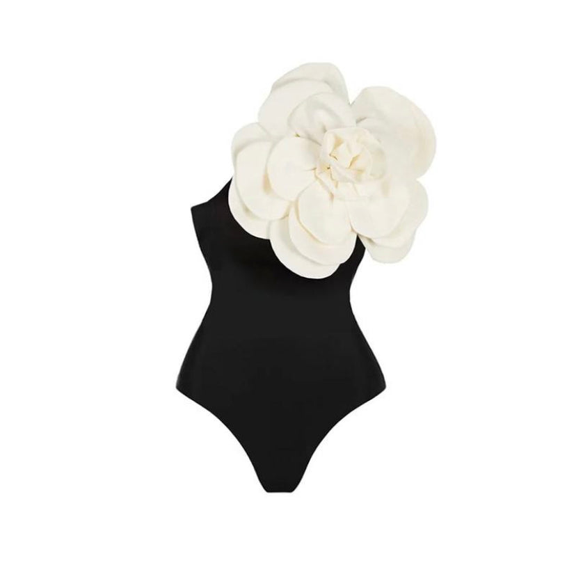 White Bow Black Swimsuit